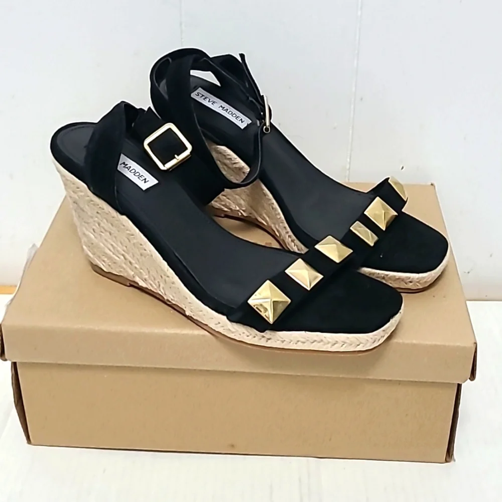 Steve Madden Sunty Studded Suede Wedge Espadrilles Sandals Black Size 9.…